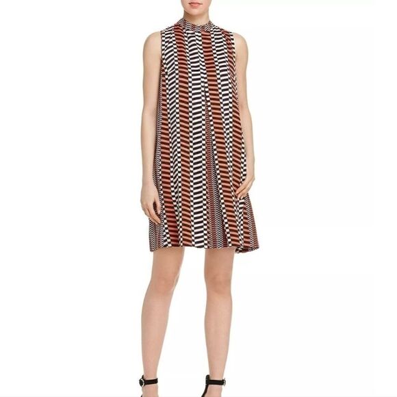 MARELLA Rina Pleated A-Line Geometric Print Dress Black Orange Medium - Picture 3 of 16